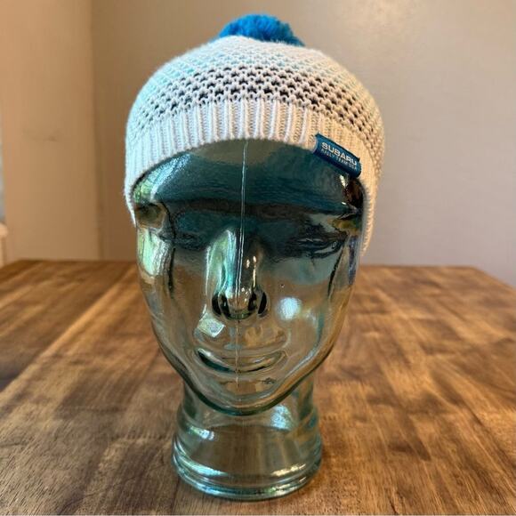 Subaru Official Gear Acrylic Knit Pom Beanie Hat Cream Blue Unisex One Size - Picture 4 of 7